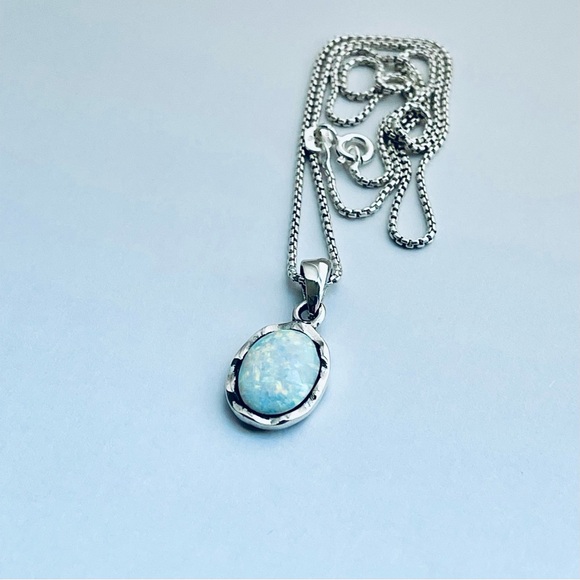 Sterling Silver Wavy White Lab Opal Necklace, October Birthstone Necklaces - Picture 3 of 11